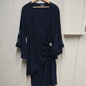 R&M Richards Navy Long Sleeve Dress with Rhinestone Accent